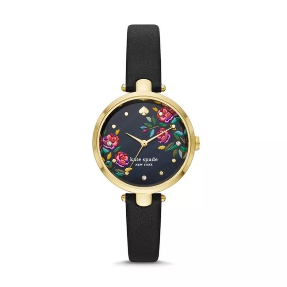 kate spade Accessories - Kate Spade New York Holland Rose Bush Black Leather Strap Watch